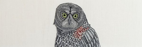 Wide pen-and-ink portrait of the Superintelligence Owl with green eyes and a pink flower
